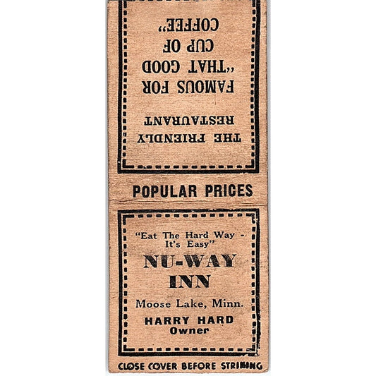 Nu-Way Inn Harry Hard Moose Lake MN Vintage Matchbook Cover SF3-Y1