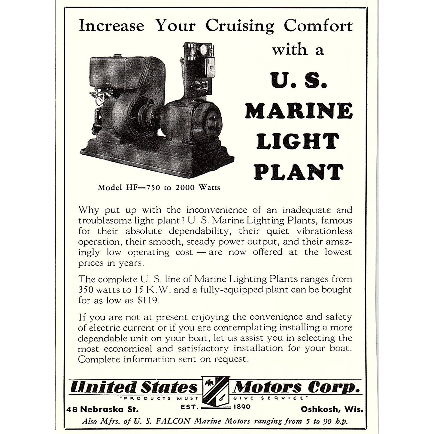 U.S. Marine Light Plant United States Motors Corp Oshkosh WI 1932 Ad AG2-M17