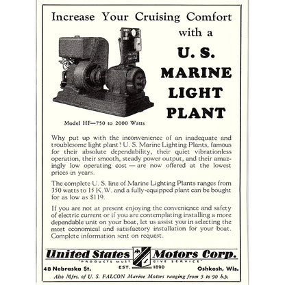 U.S. Marine Light Plant United States Motors Corp Oshkosh WI 1932 Ad AG2-M17
