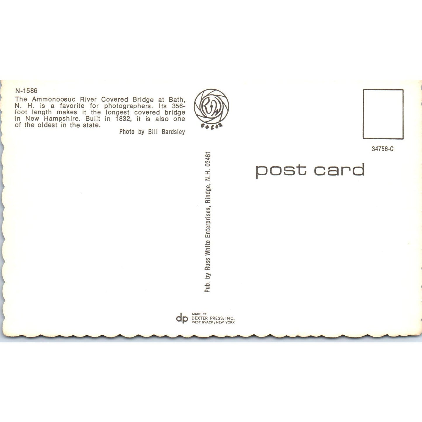 Ammonoosuc River Bath New Hampshire N-1586 Covered Bridge Postcard PB13