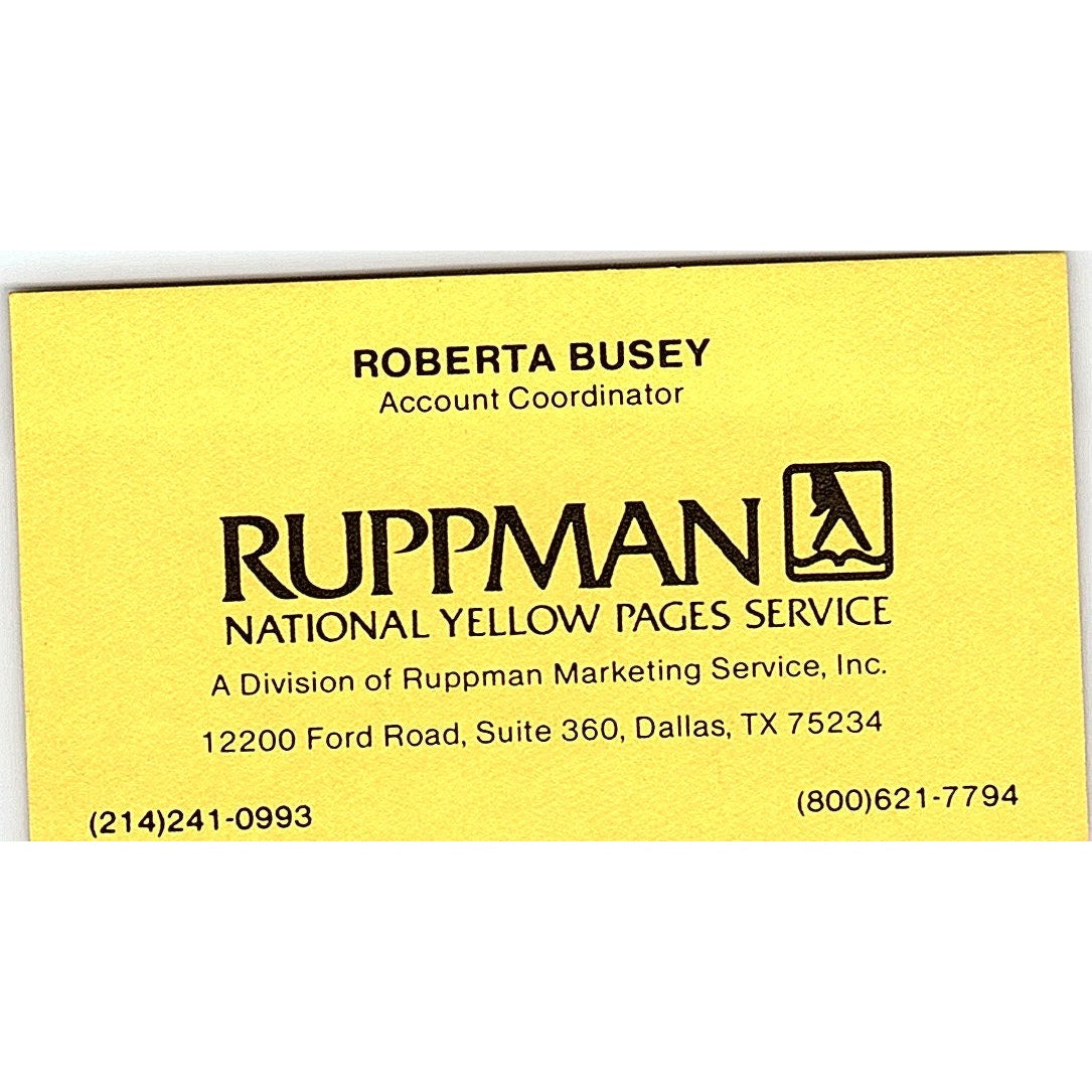 Roberta Busey Ruppman Marketing Services Dallas Vintage Business Card SE3-B16