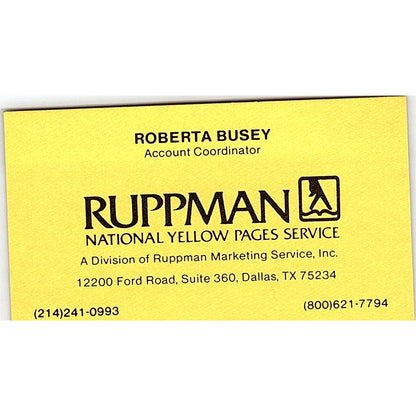 Roberta Busey Ruppman Marketing Services Dallas Vintage Business Card SE3-B16