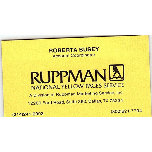 Roberta Busey Ruppman Marketing Services Dallas Vintage Business Card SE3-B16