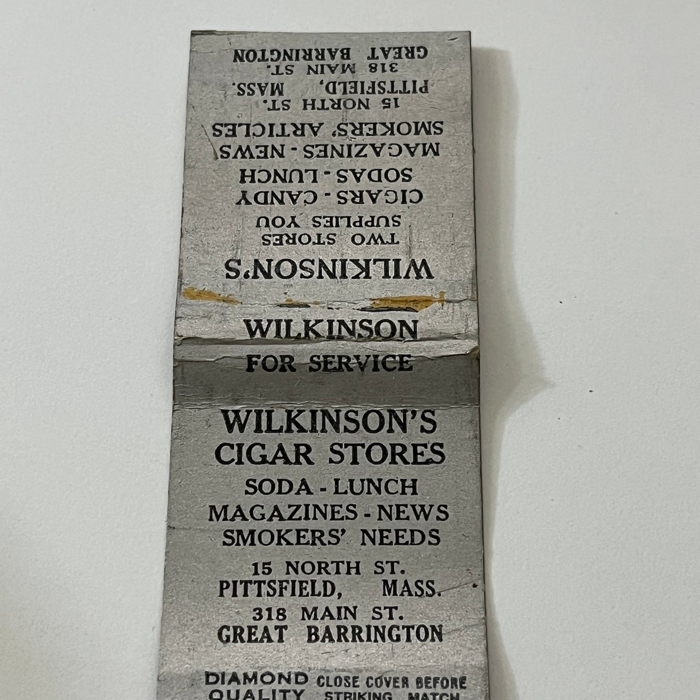 Wilkinson's Cigar Stores Pittsfield Great Barrington Matchbook Cover TB6-MB1-13