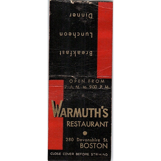 Warmuth's Restaurant 280 Devonshire St Boston Vintage Matchbook Cover SF3-Y5