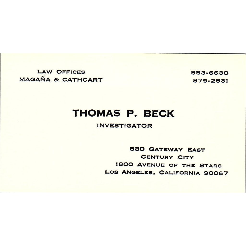 Law Offices Magna & Cathcart Thomas P. Beck Los Angeles CA Business Card SB4-B3