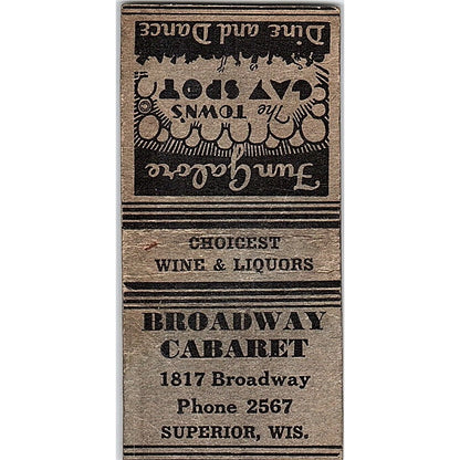 Broadway Cabaret Superior WI Vintage Matchbook Cover SF3-Y2