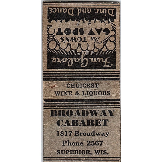 Broadway Cabaret Superior WI Vintage Matchbook Cover SF3-Y2