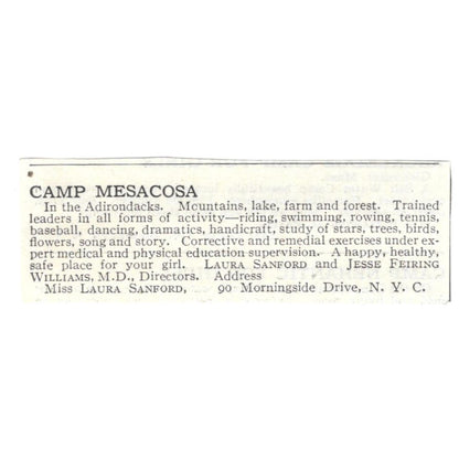 Camp Mesacosa Laura Sanford Jesse Feiring Williams NY 1918 Advertisement AE5-SA9