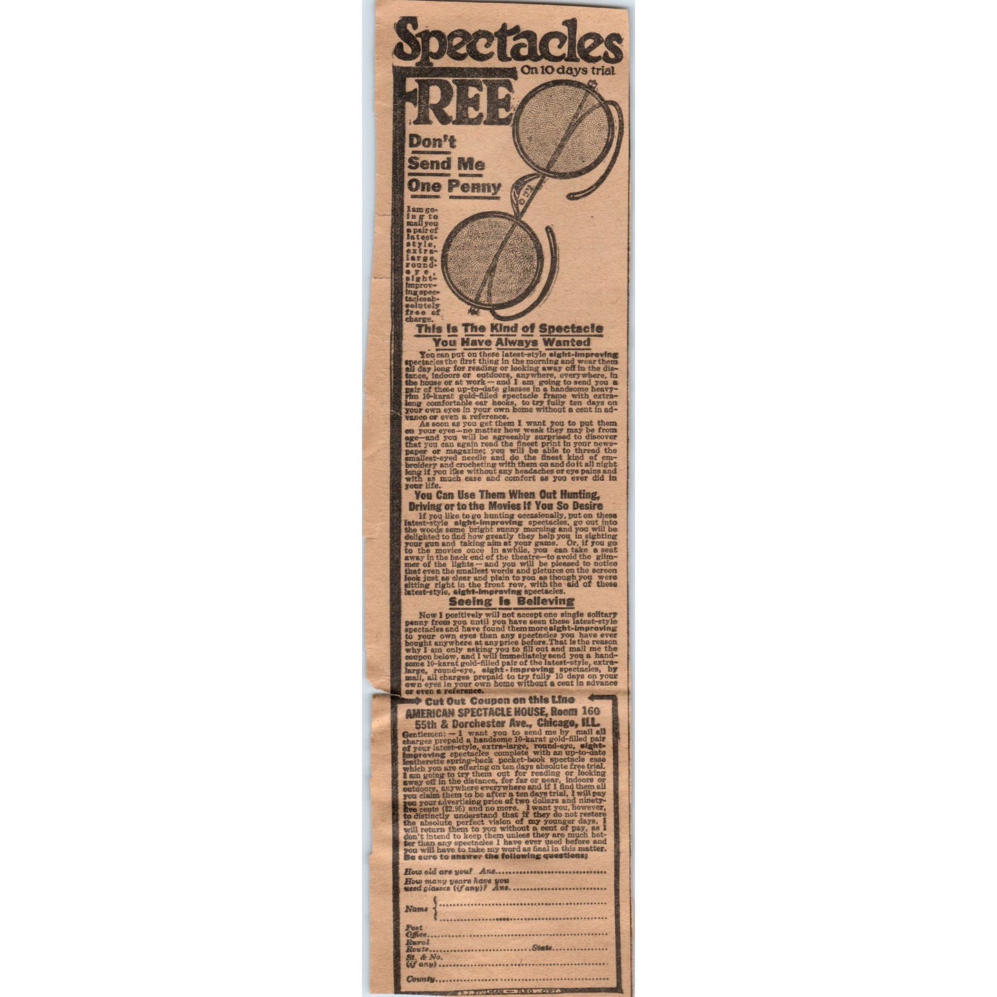 American Spectacle House Chicago Free Eyeglasses 1923 Magazine Ad Clip AE1-2