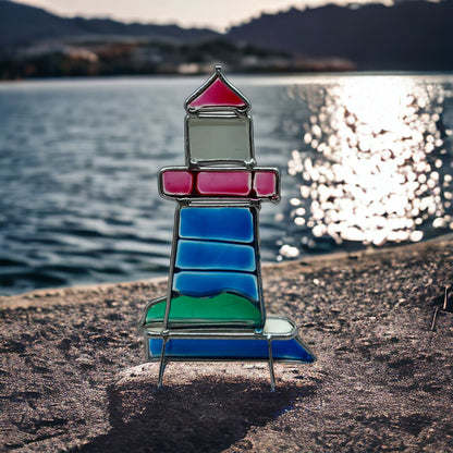 Vintage Stained Glass Lighthouse Free Standing 6.5” TD5