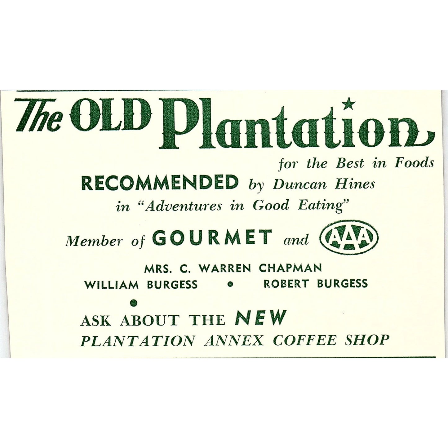 The Old Plantation Restaurant C. Warren Chapman 1957 Estes Park CO Ad AG4-H1