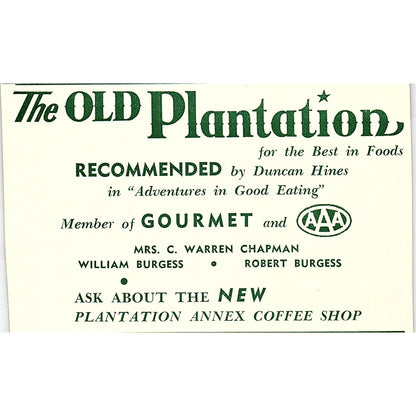 The Old Plantation Restaurant C. Warren Chapman 1957 Estes Park CO Ad AG4-H1