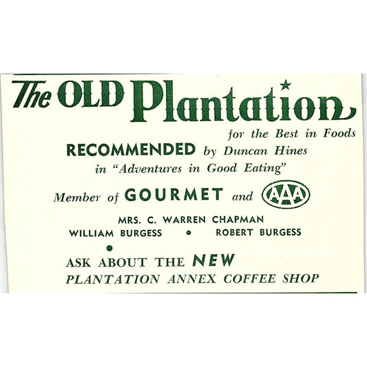 The Old Plantation Restaurant C. Warren Chapman 1957 Estes Park CO Ad AG4-H1