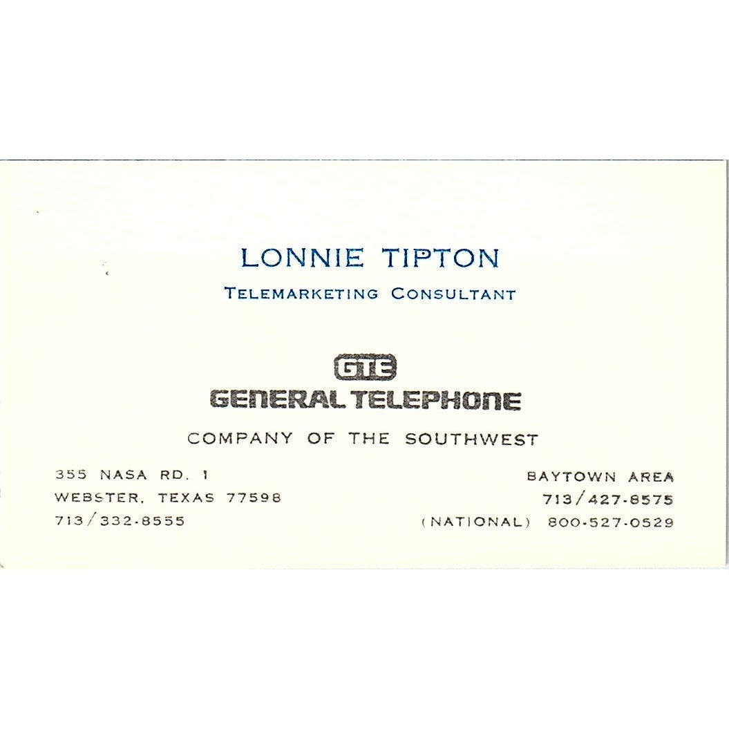 Lonnie Tipton GTE General Telephone Webster TX Vintage Business Card SE3-B16