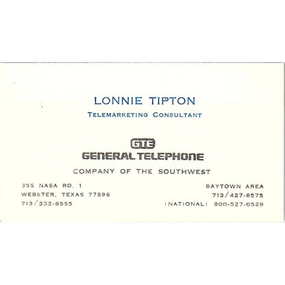 Lonnie Tipton GTE General Telephone Webster TX Vintage Business Card SE3-B16
