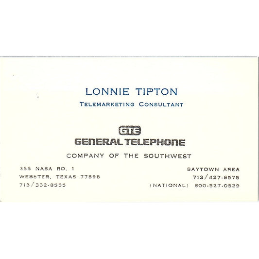 Lonnie Tipton GTE General Telephone Webster TX Vintage Business Card SE3-B16