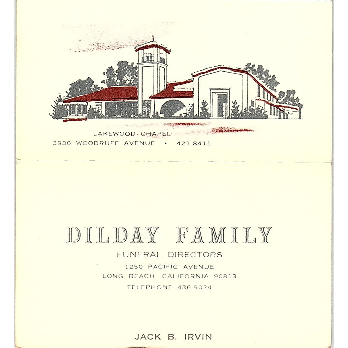Dilday Family Funeral Directors Jack B Irvin Long Beach Vtg Business Card SD9-B4