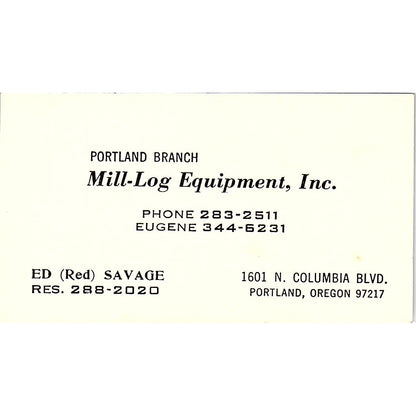 Ed Red Savage Mill-Equipment Inc Portland Eugene OR Vintage Business Card SD9-B3