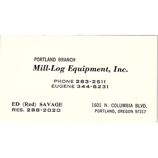 Ed Red Savage Mill-Equipment Inc Portland Eugene OR Vintage Business Card SD9-B3