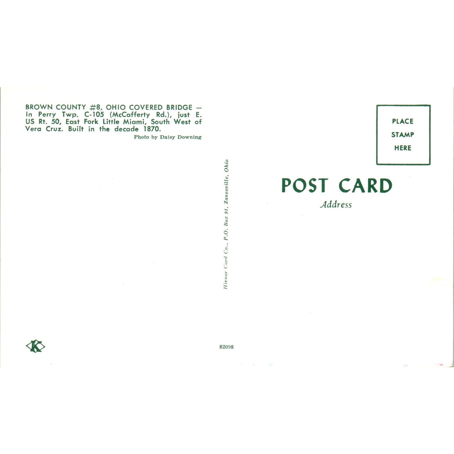 Brown County #8 Perry Twp East Fork Little Miami Covered Bridge Postcard PB10