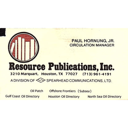 Paul Hornung Jr Resource Publications Inc Houston Vintage Business Card SD9-B14