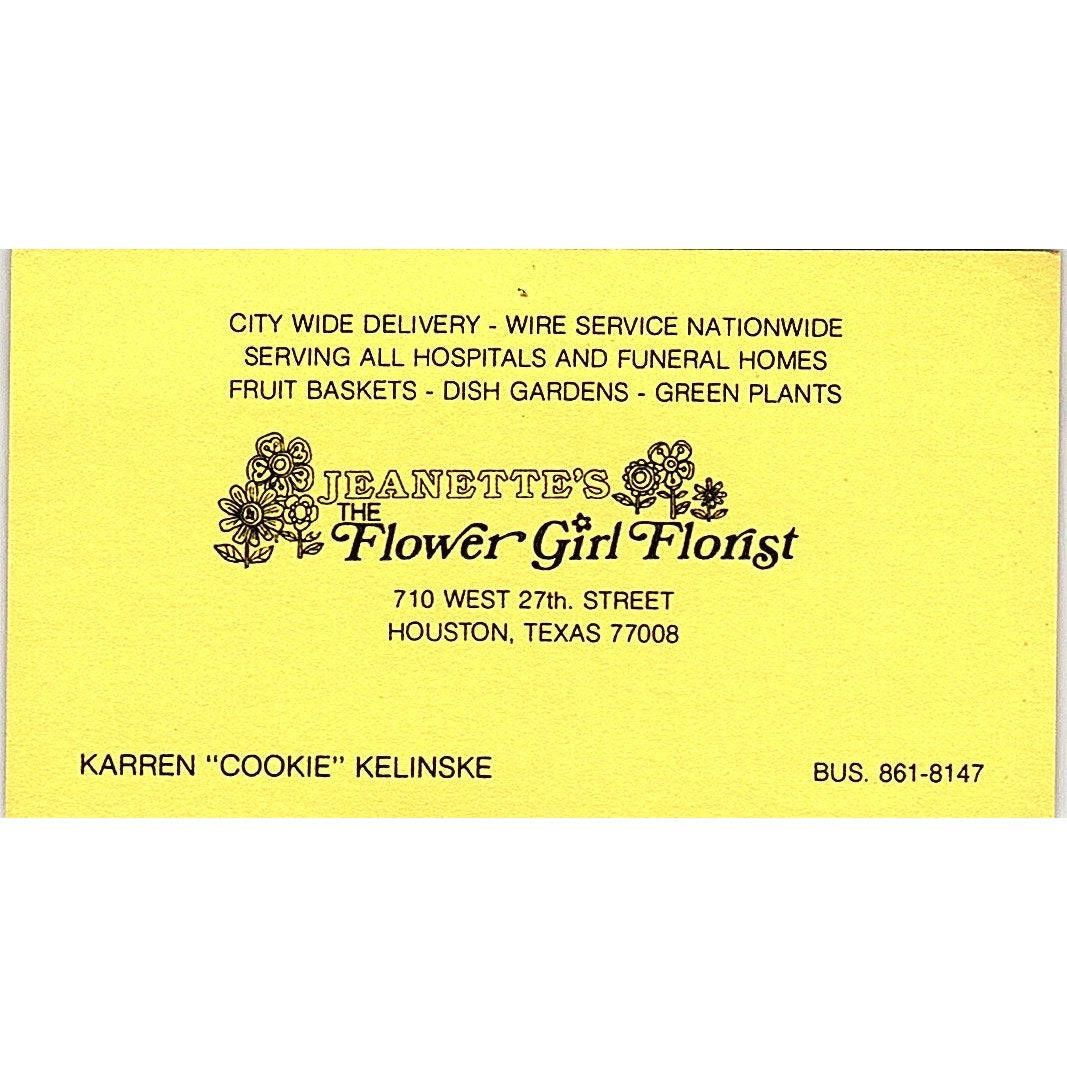 The Flower Girl Florist, Jeanette's, Houston, Texas Vintage Business Card SF3-B8