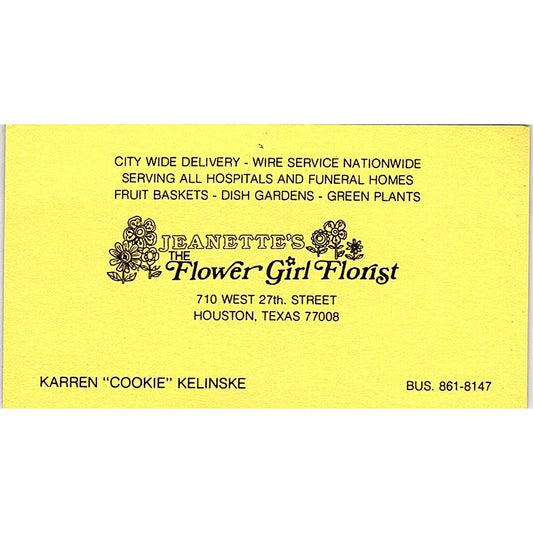 The Flower Girl Florist, Jeanette's, Houston, Texas Vintage Business Card SF3-B8