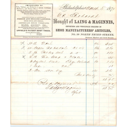 1871 Lang & Maginnis Shoe Articles Philadelphia Letterhead Billhead Receipt D11