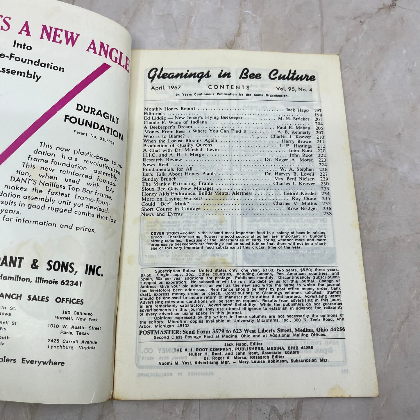 1967 April Gleanings in Bee Culture Magazine Bees Beekeeping Honey TD7