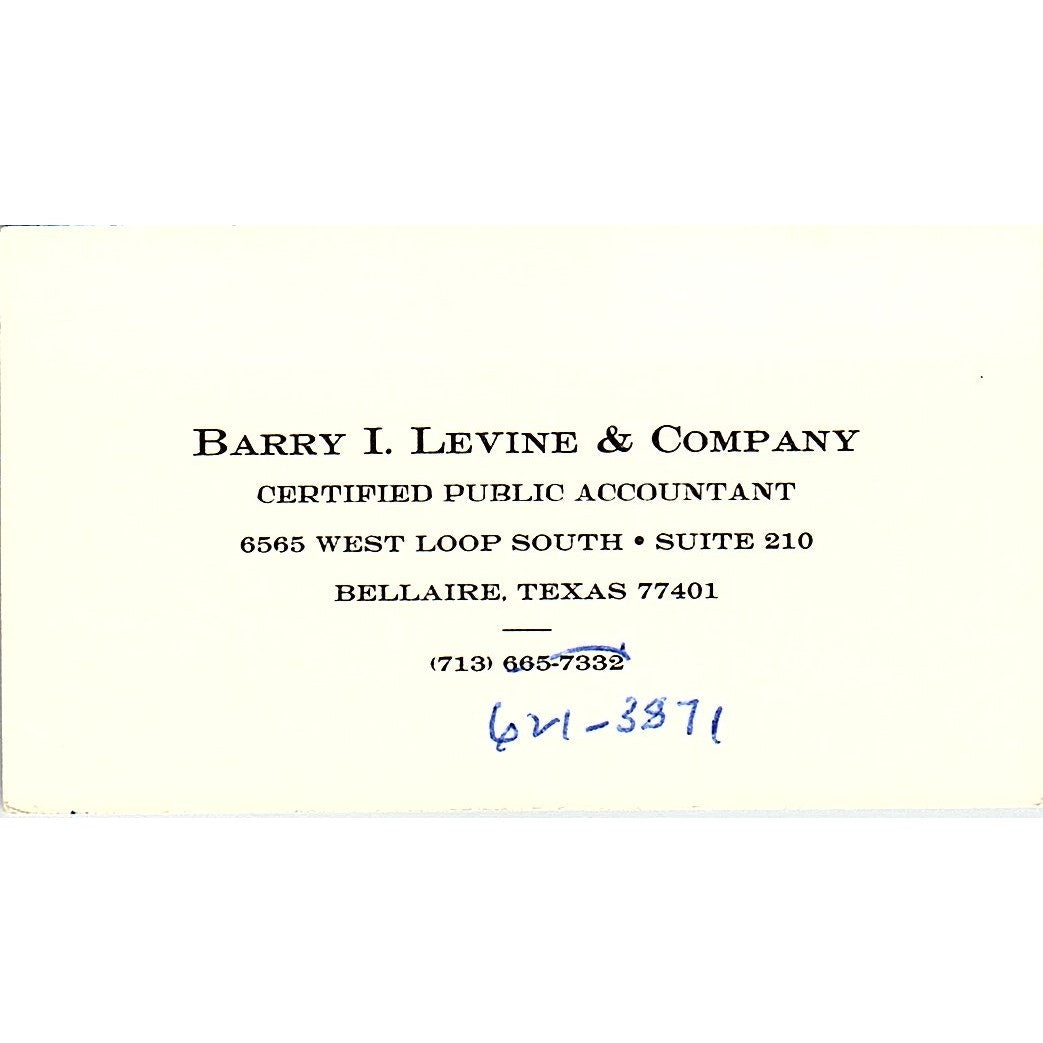 Barry I Levine & Co CPA Bellaire TX Vintage Business Card SD9-B12