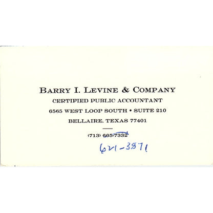 Barry I Levine & Co CPA Bellaire TX Vintage Business Card SD9-B12