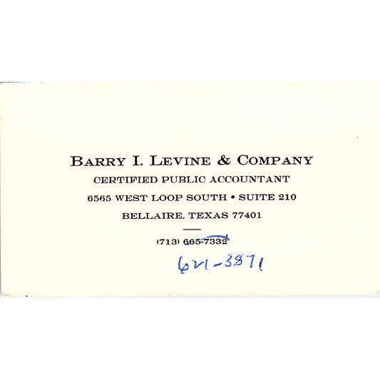 Barry I Levine & Co CPA Bellaire TX Vintage Business Card SD9-B12