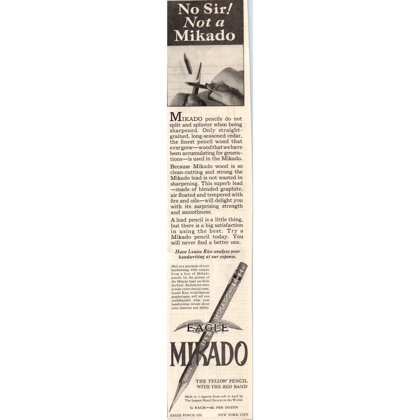 Eagle Mikado Eagle Pencil Co NY 1928 Original Magazine Advertisement FL6-8