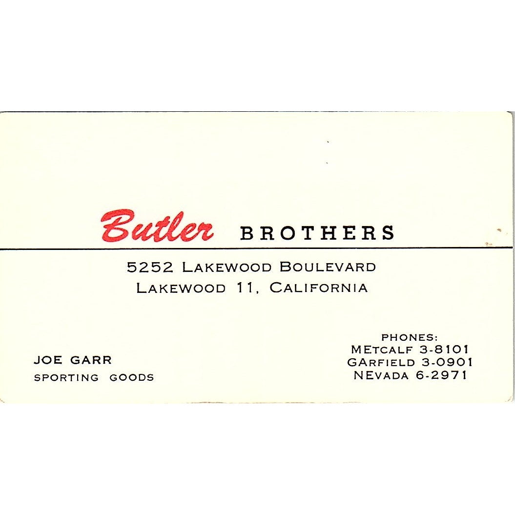 Butler Brothers Joe Garr Lakewood CA Vintage Business Card SB4-B8