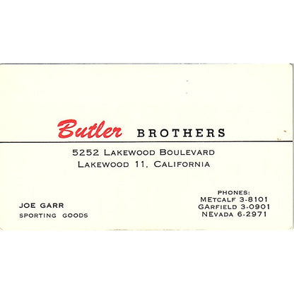 Butler Brothers Joe Garr Lakewood CA Vintage Business Card SB4-B8