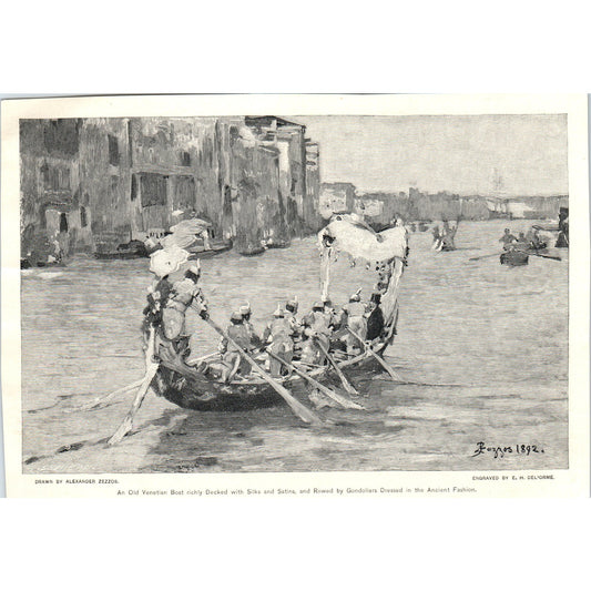 Venetian Boat Gondola Drawn By Alexander Zezzos 1892 Magazine Print AB6-SL1