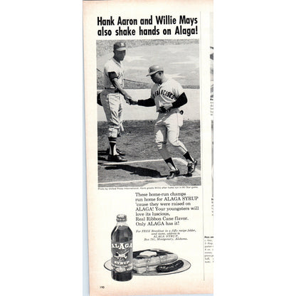 Vintage Alaga Syrup Hank Aaron & Willie Mays MLB Baseball Magazine Ad 5x13" V1-1