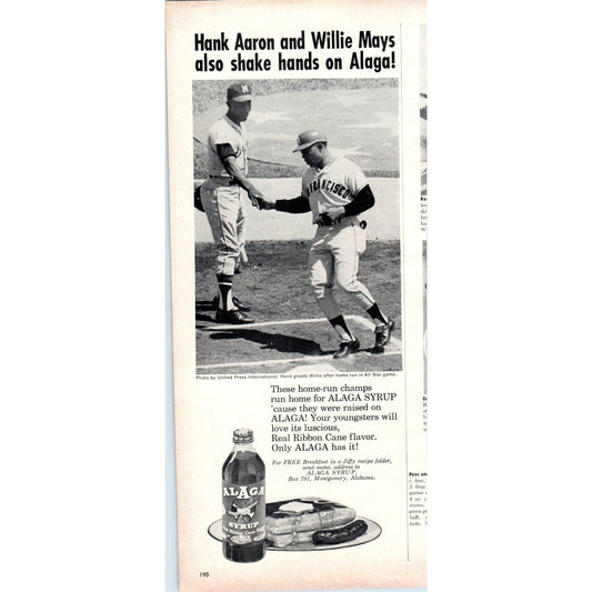 Vintage Alaga Syrup Hank Aaron & Willie Mays MLB Baseball Magazine Ad 5x13" V1-1