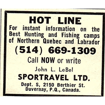 Sportravel Ltd Hot Line John L LeBel Duvernay P.Q. Canada 1977 Ad AF6-M3