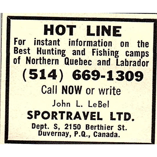 Sportravel Ltd Hot Line John L LeBel Duvernay P.Q. Canada 1977 Ad AF6-M3