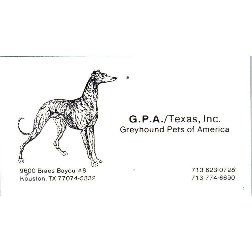G.P.A. Texas Inc Greyhound Pets of America Houston Vintage Business Card SD8-B15