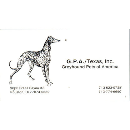 G.P.A. Texas Inc Greyhound Pets of America Houston Vintage Business Card SD8-B15