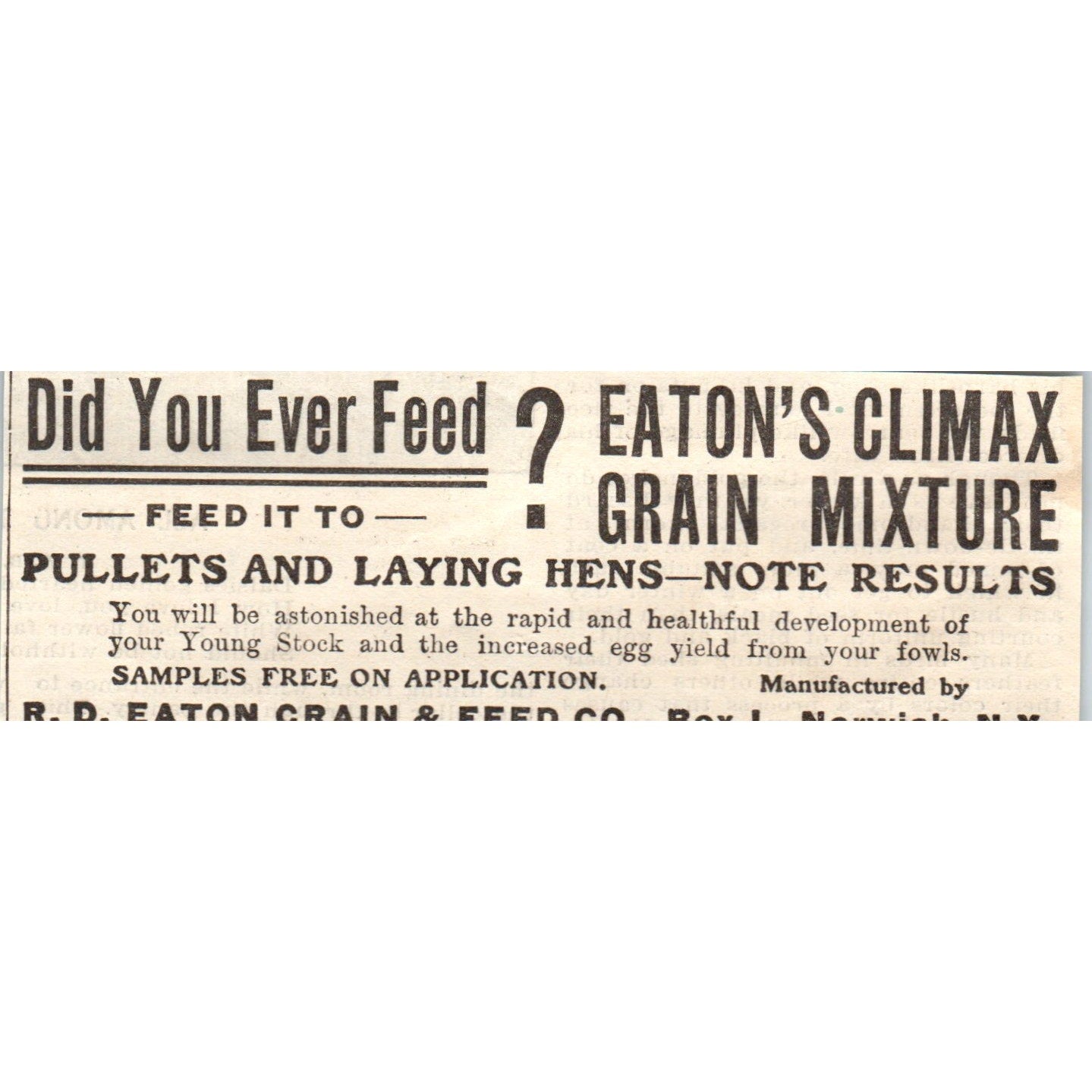 R.D. Eaton Grain & Feed Co Norwich NY 1905 Magazine Ad AF1-NH1