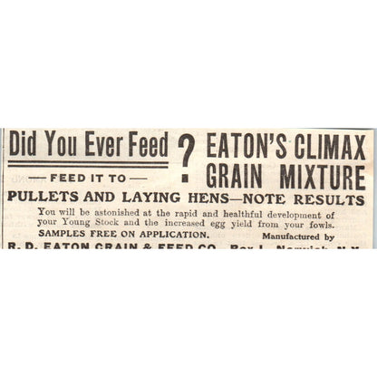 R.D. Eaton Grain & Feed Co Norwich NY 1905 Magazine Ad AF1-NH1