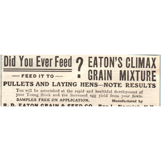 R.D. Eaton Grain & Feed Co Norwich NY 1905 Magazine Ad AF1-NH1