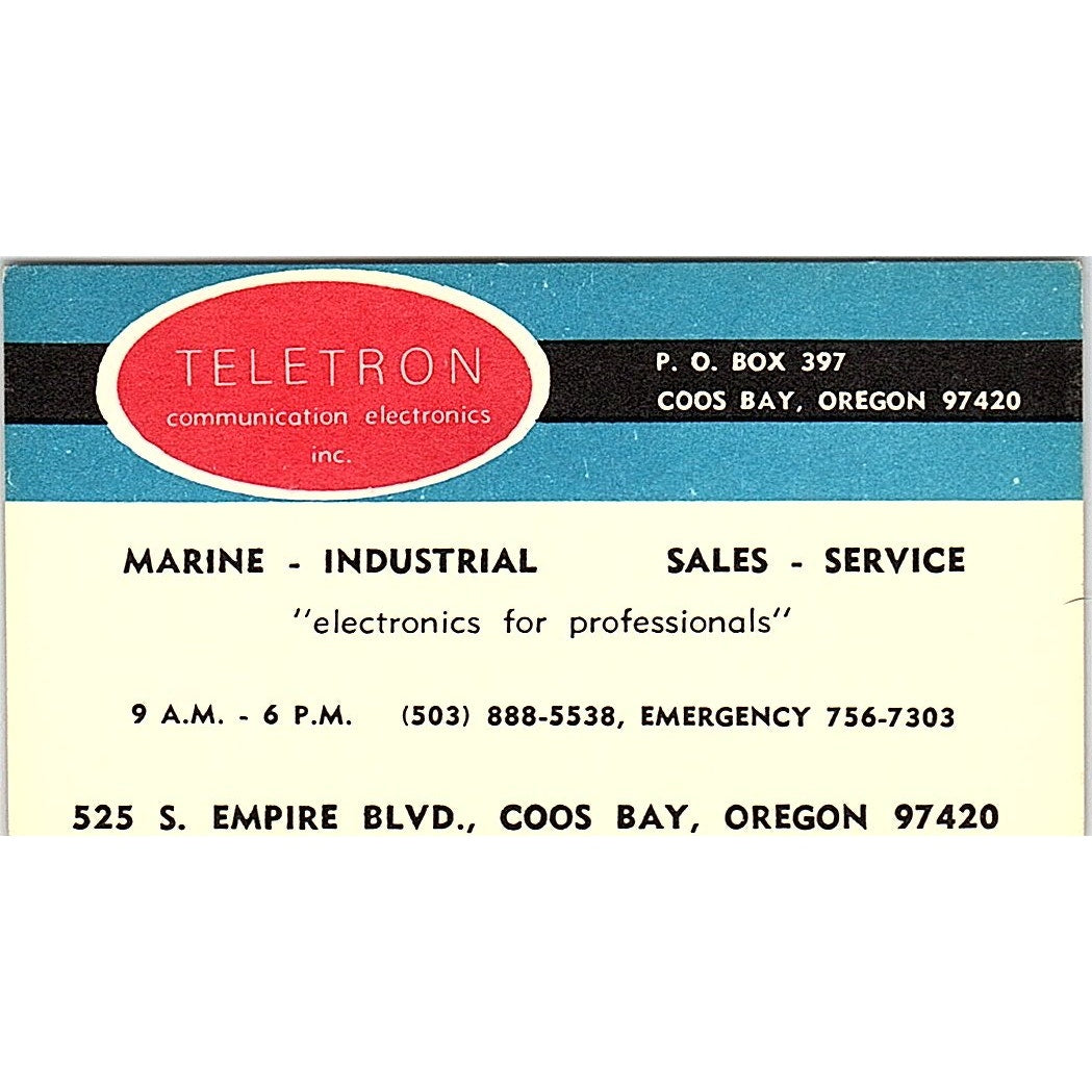Teletron Communication Electronics Coos Bay Oregon Vintage Business Card SF3-B7