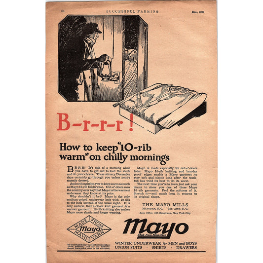 Mayo Winter Underwear for Men Mayo Mills Mayodan NC, Mt. Airy NC 1920 Ad V1-3