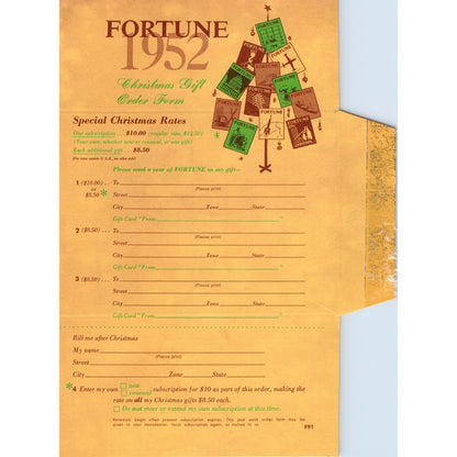 Fortune Magazine Christmas Gift Subscription Envelope Blank 1951 Magazine Ad D17
