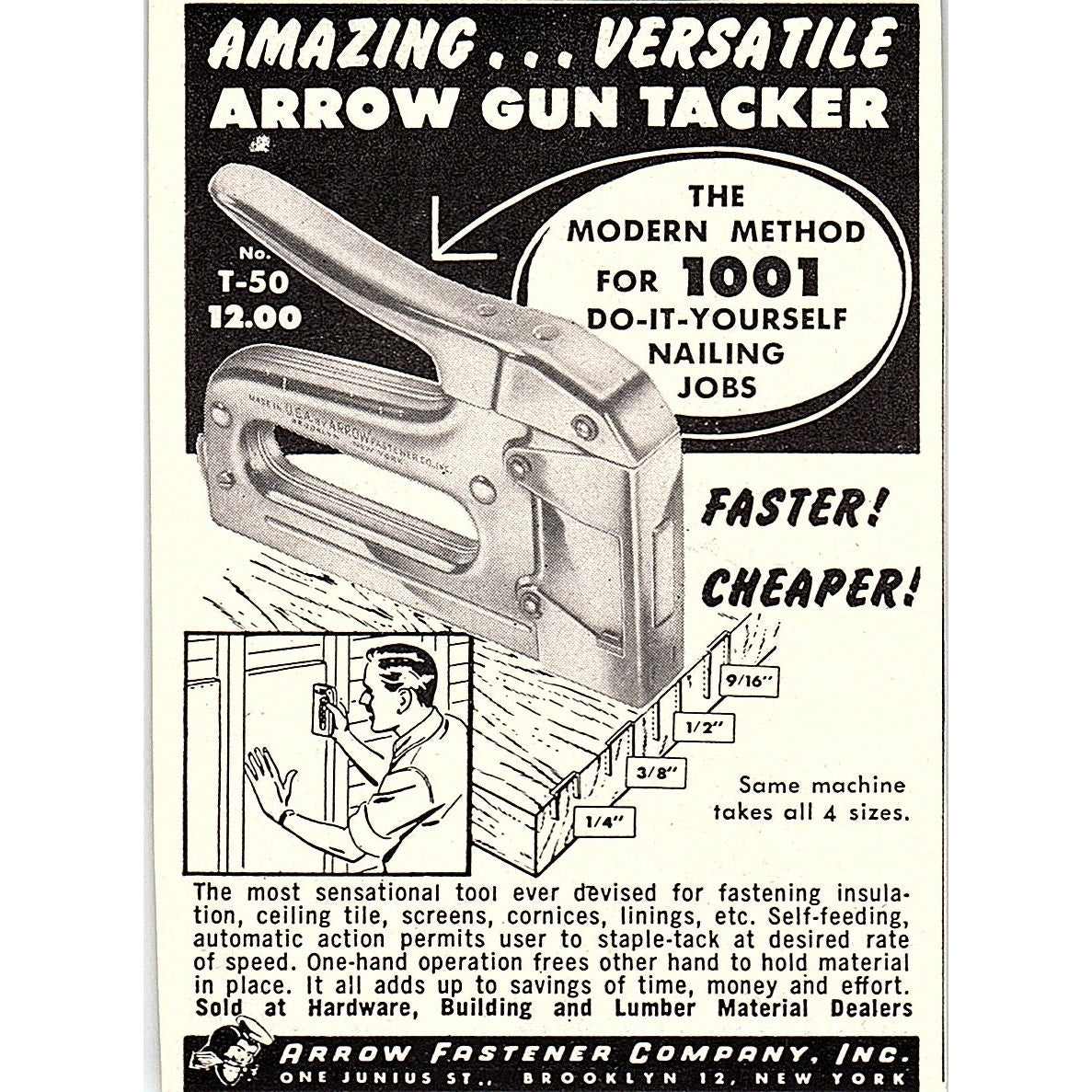 Arrow T-50 Staple Tacker Arrow Fastener Co Inc Brooklyn NY 1955 Ad AF9-M1